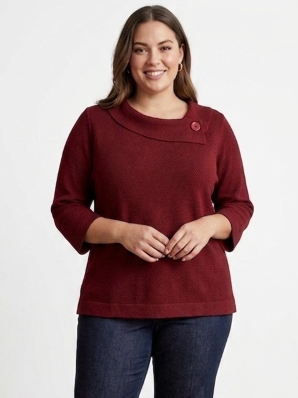 Requirements Woman Red Knit Long Sleeve Collar With Button Sweater Top Size 2x
